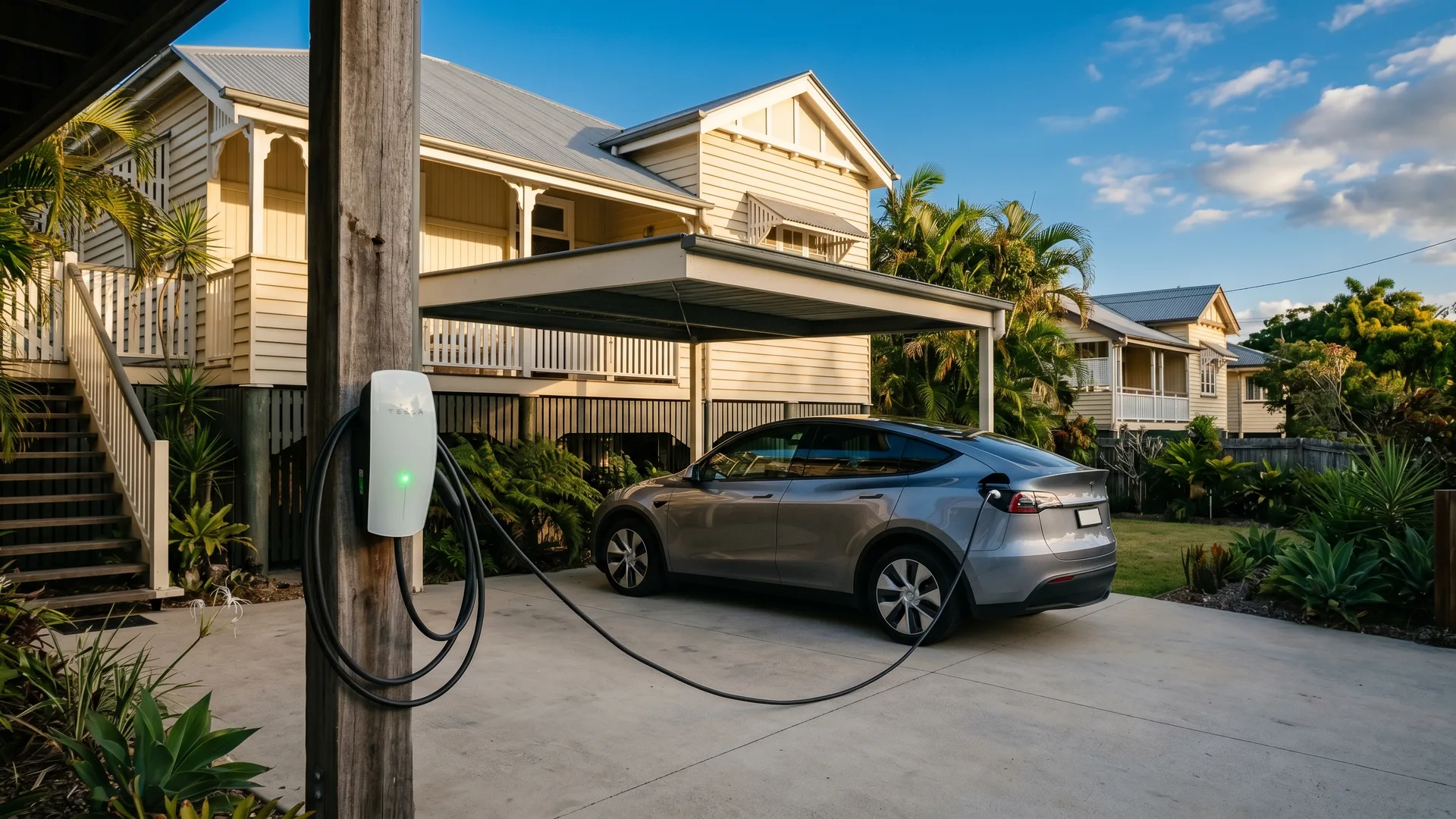 Here is the editorial hero photograph for your home page. The image captures the late afternoon golden hour in Newstead, featuring a Tesla Wall Connector and a BYD Atto 3 charging against the classic backdrop of a renova