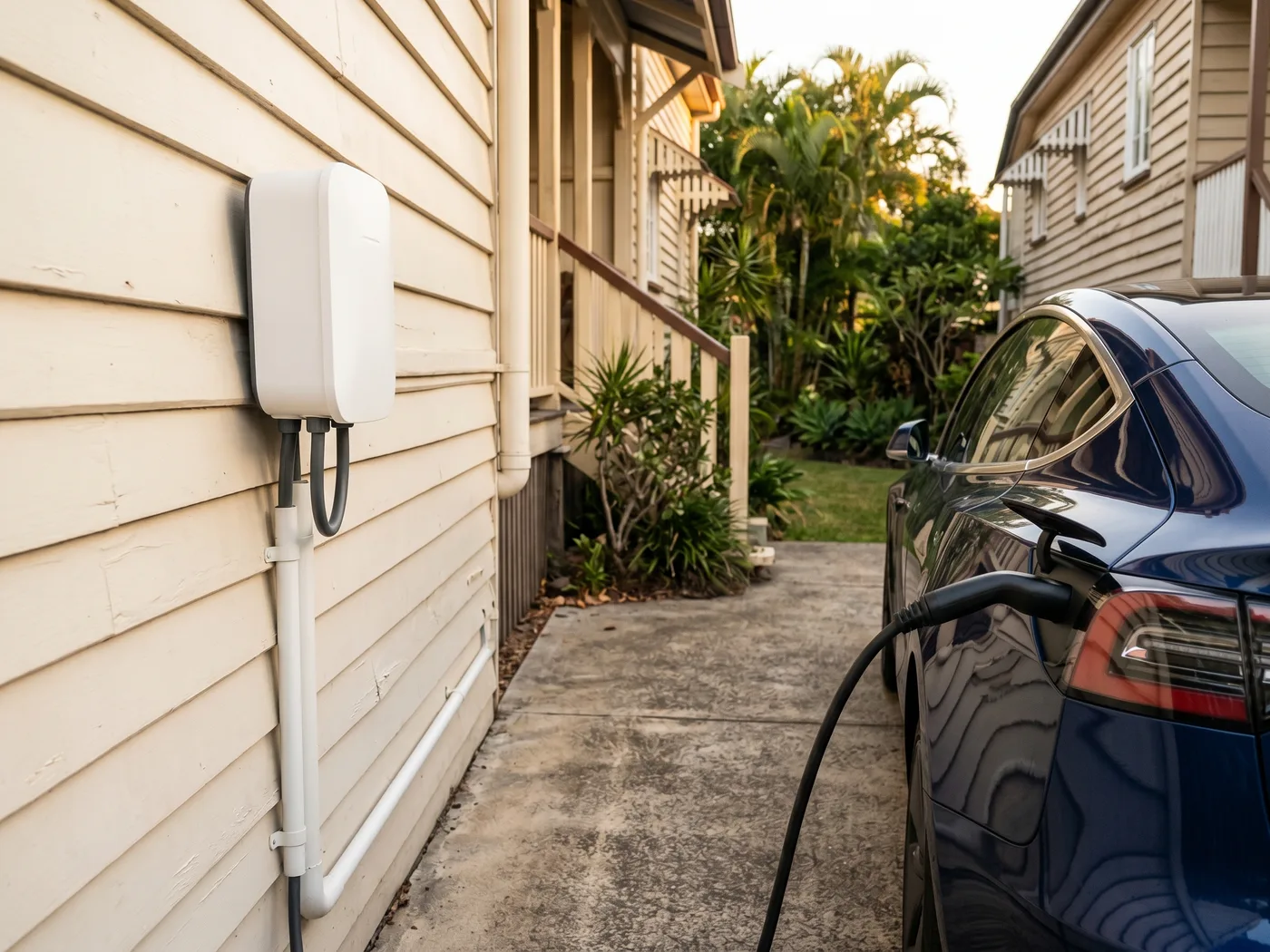 Close-up of a finished ev charger installation job on a Brisbane home